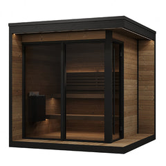 SaunaLife GL6 outdoor sauna three-quarter view – wrap-around eaves, integrated porch, recessed LED exterior lighting and full-height glass door