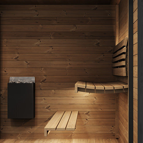 SaunaLife GL6 interior two-tier thermo-hardwood benches – knot-free ergonomic seating for up to 6 bathers, 79.1 inch ceiling height