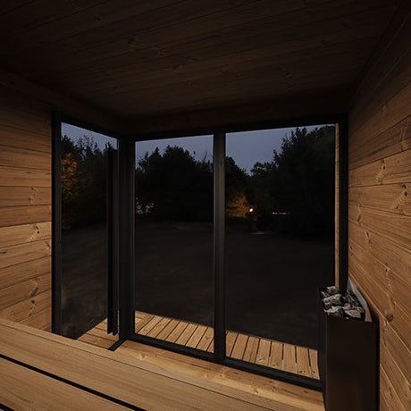 SaunaLife GL6 sauna integrated porch with recessed LED eave lighting – 90.2 inch wide thermo-spruce outdoor sauna cabin