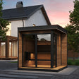 SaunaLife Model GL6 Garden Luxury outdoor sauna kit exterior – contemporary thermo-spruce cabin with tempered bronze glass front and black trim