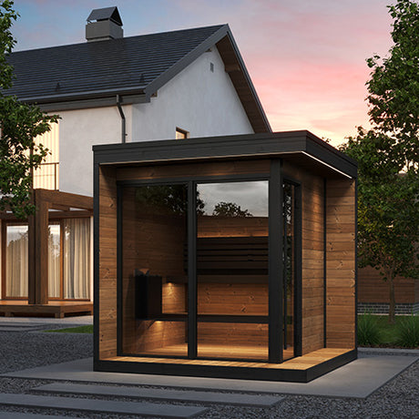 SaunaLife Model GL6 Garden Luxury outdoor sauna kit exterior – contemporary thermo-spruce cabin with tempered bronze glass front and black trim