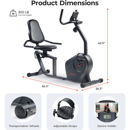 Sunny Health & Fitness Smart Magnetic Resistance Recumbent Bike with Easy Adjustable Seat