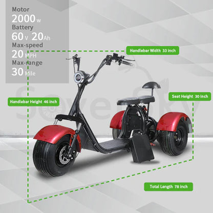 SoverSky T7.0 Electric Fat Tire Trike Scooter – 2000 W, 60 V 20 Ah (Up to 35 mi Range)