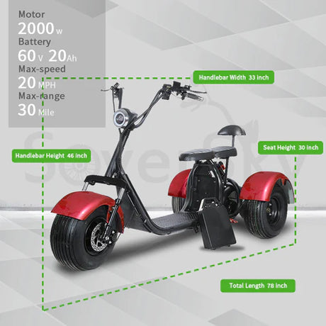 SoverSky T7.0 Electric Fat Tire Trike Scooter – 2000 W, 60 V 20 Ah (Up to 35 mi Range)