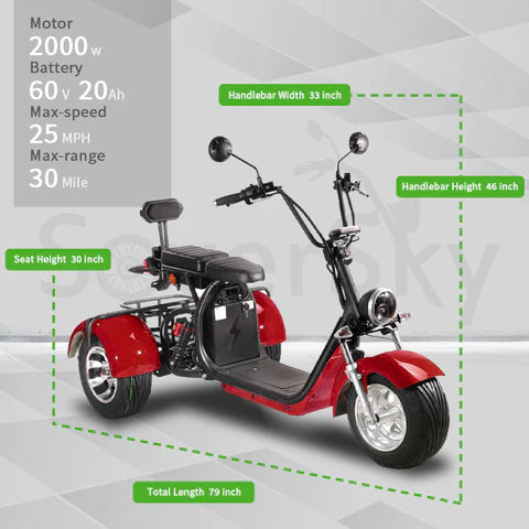 SoverSky T7.1/T7.2 Electric Fat Tire Trike – 2 kW Motor, Up to 25 mph, 70-Mile Range