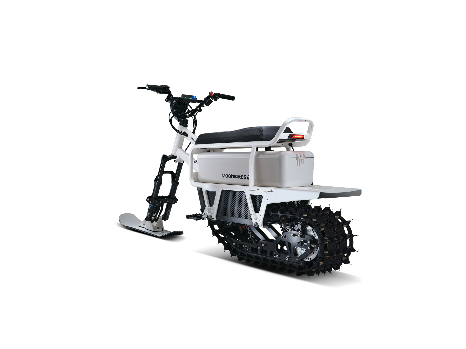 White electric bike with tracks on a white background