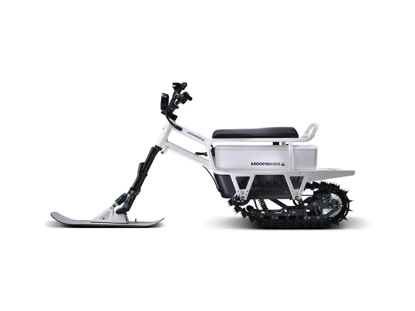White snow bike with black accents on a white background