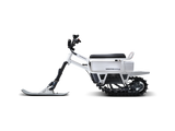 White snow bike with black accents on a white background