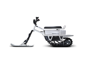 White snow bike with black accents on a white background