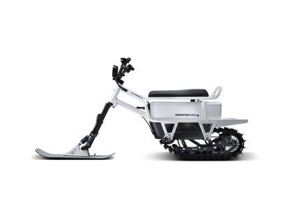 White snow bike with black accents on a white background