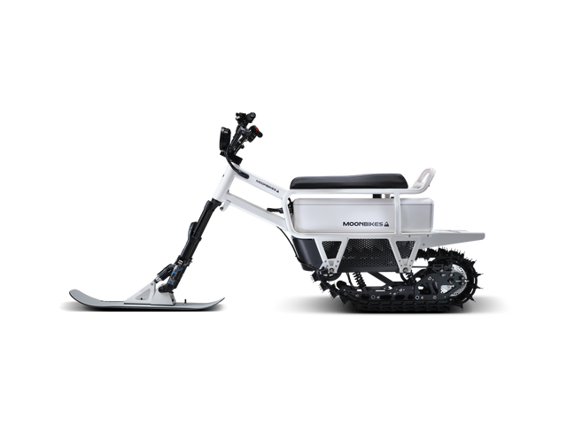 White snow bike with black accents on a white background