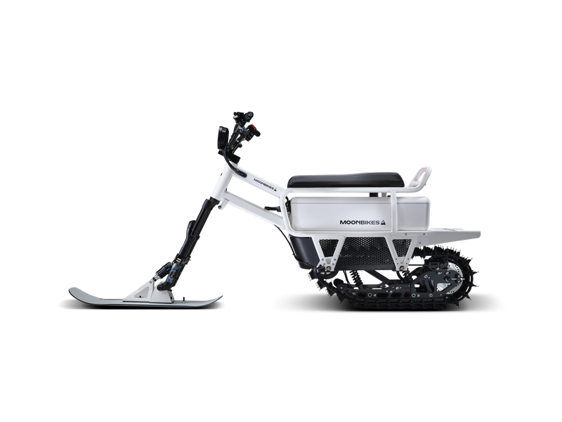 White snow bike with black accents on a white background