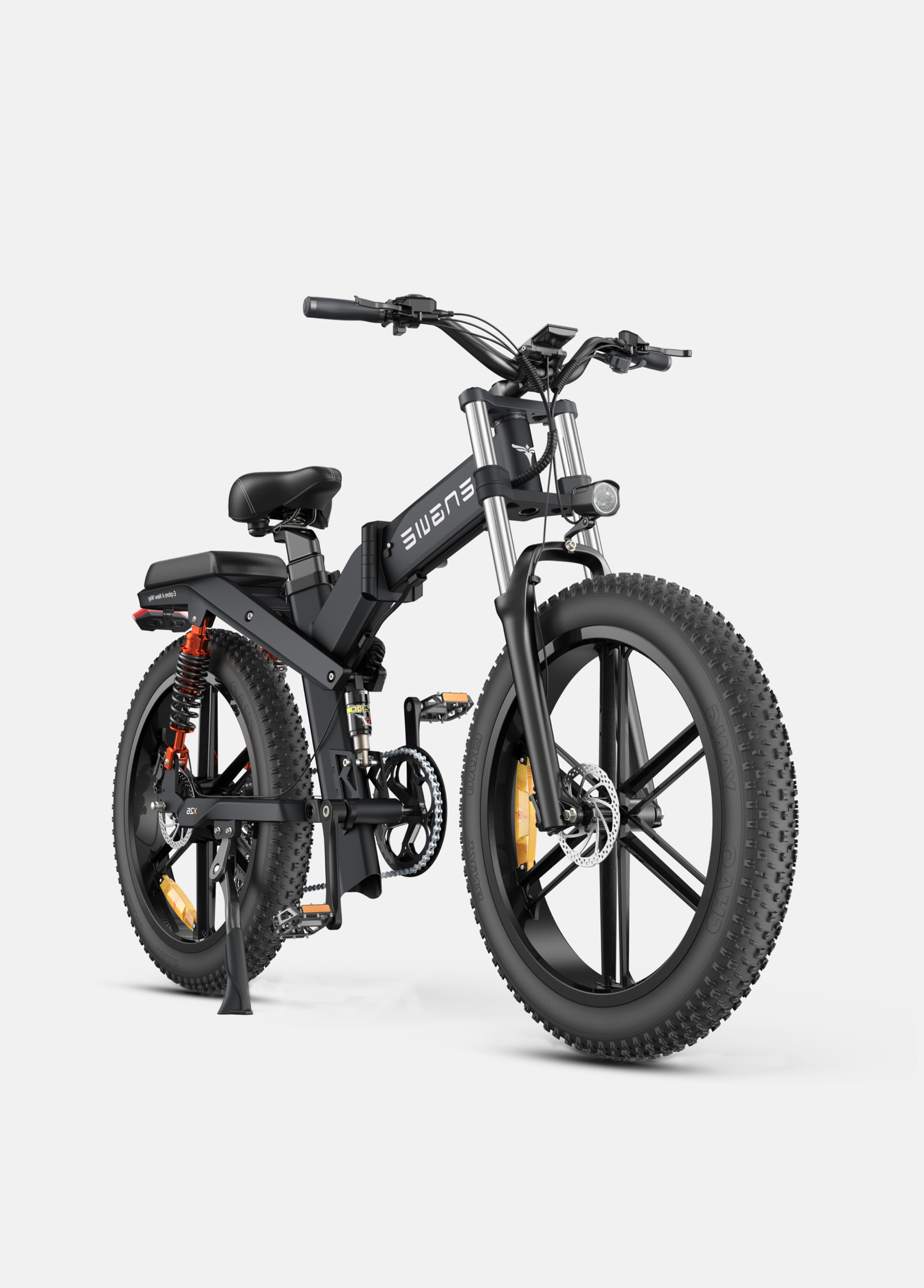 Close-up of Engwe X24’s 24*4.0 fat tires and triple suspension

