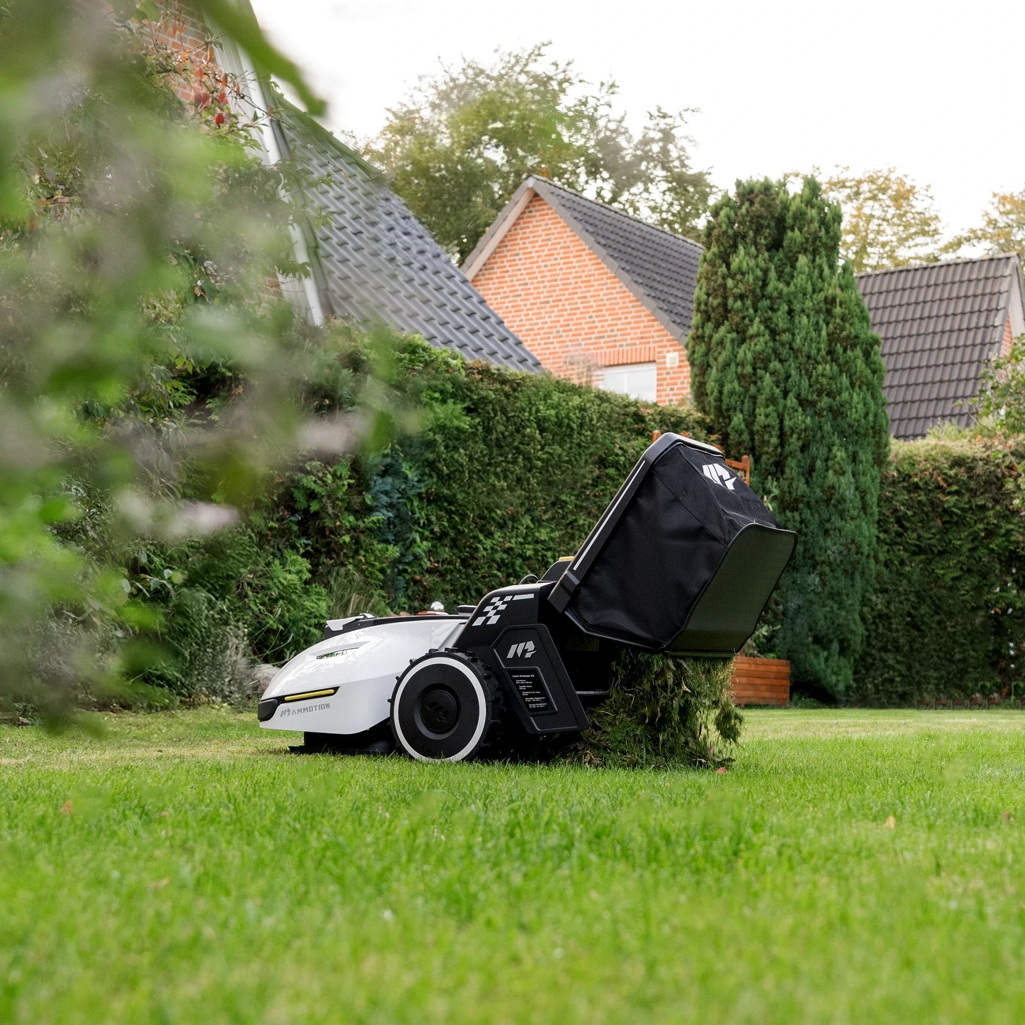 Robotic lawn mower in a garden with a house in the background