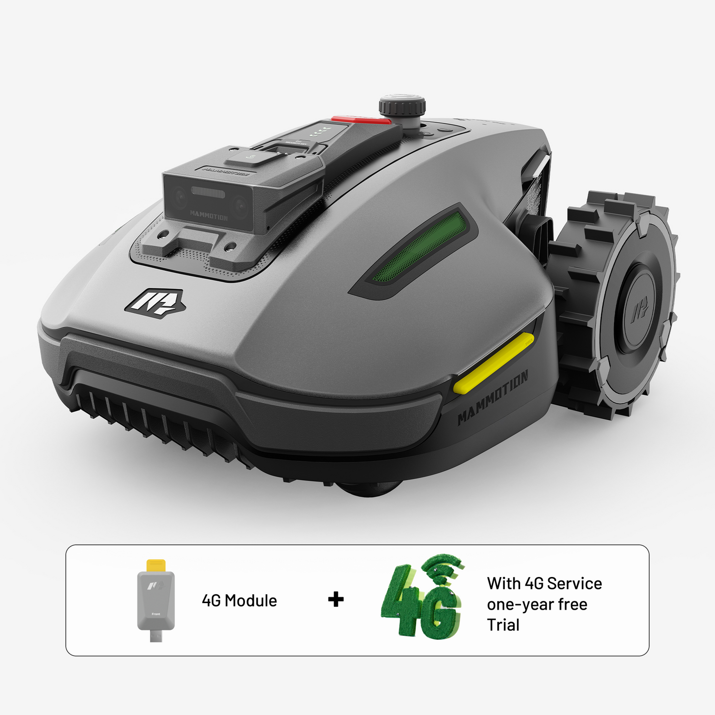 Robotic lawn mower with 4G module and service trial offer on a white background