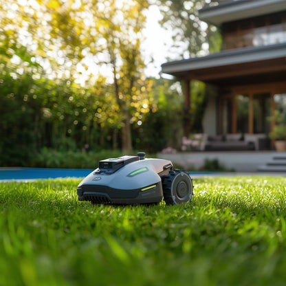 Robotic lawn mower on a grassy lawn with a house and trees in the background