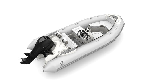 "Zodiac Yachtline 440 console with wheel and stainless steel handrail"