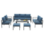 Outdoor furniture set with blue cushions on a white background