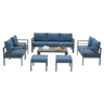 Outdoor furniture set with blue cushions on a white background