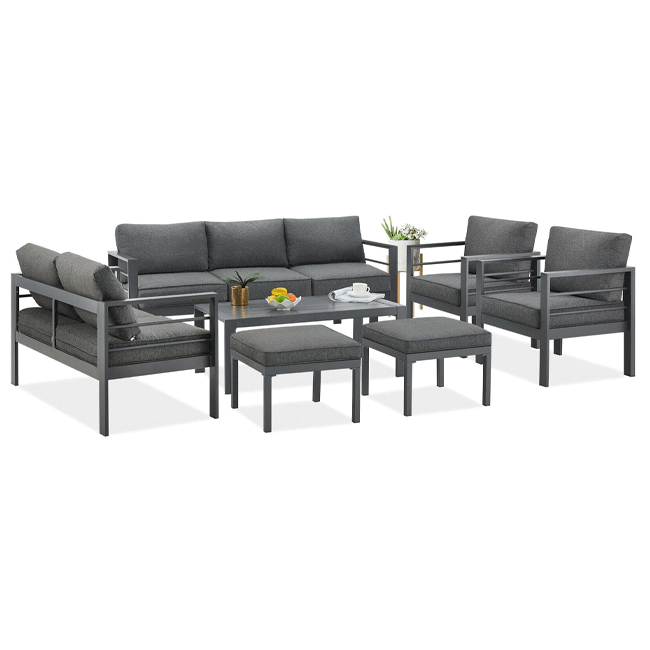 Gray outdoor furniture set with cushions on a white background