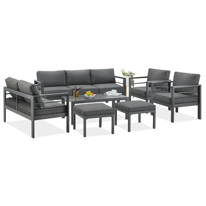 Gray outdoor furniture set with cushions on a white background
