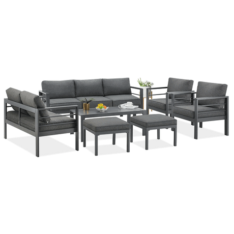 Gray outdoor furniture set with cushions on a white background