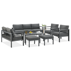 Gray outdoor furniture set with cushions on a white background