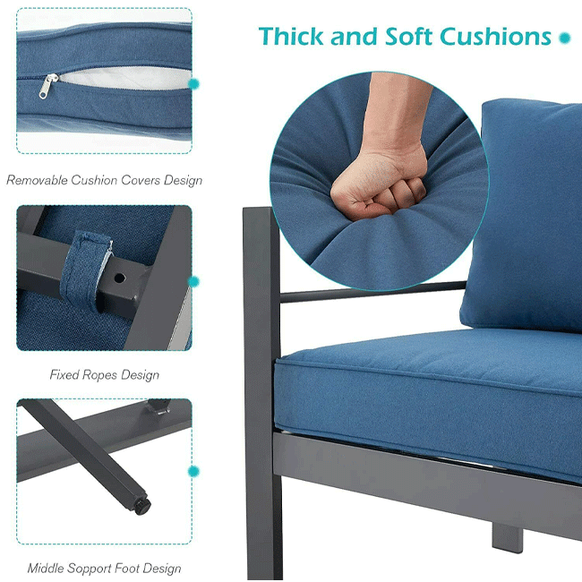 Blue outdoor chair with thick and soft cushions, showing close-up details and hand holding a cushion.