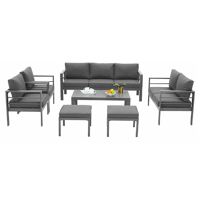 Gray outdoor furniture set with cushions on a white background