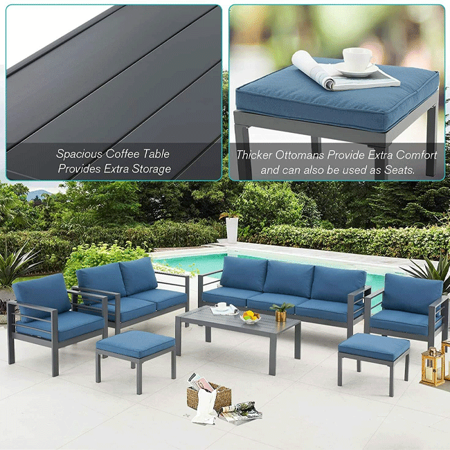 Outdoor furniture set with blue cushions and gray frames in a garden setting.
