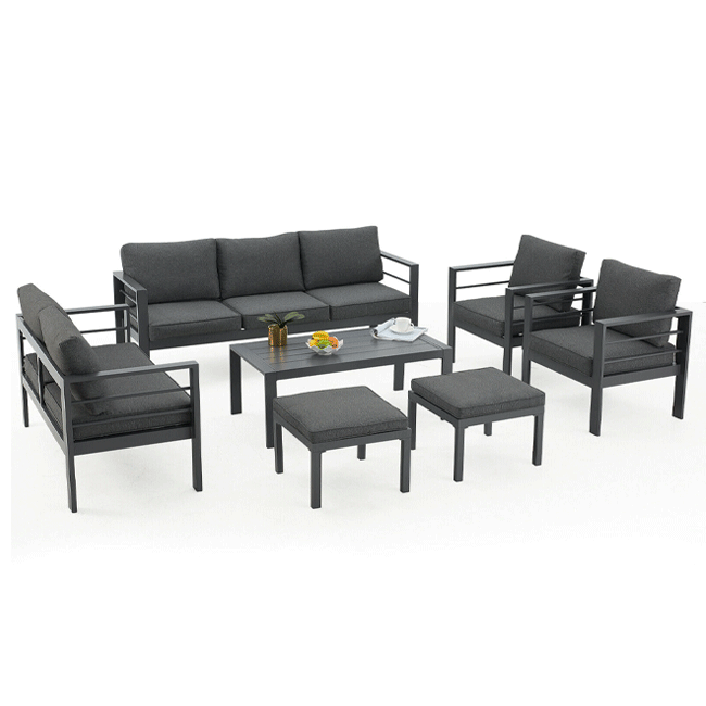 Outdoor furniture set with gray cushions on a white background