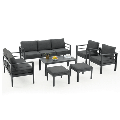 Outdoor furniture set with gray cushions on a white background