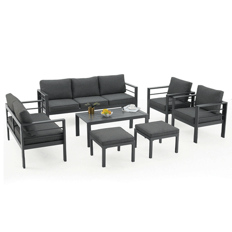 Outdoor furniture set with gray cushions on a white background