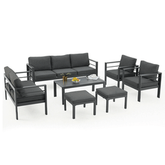 Outdoor furniture set with gray cushions on a white background