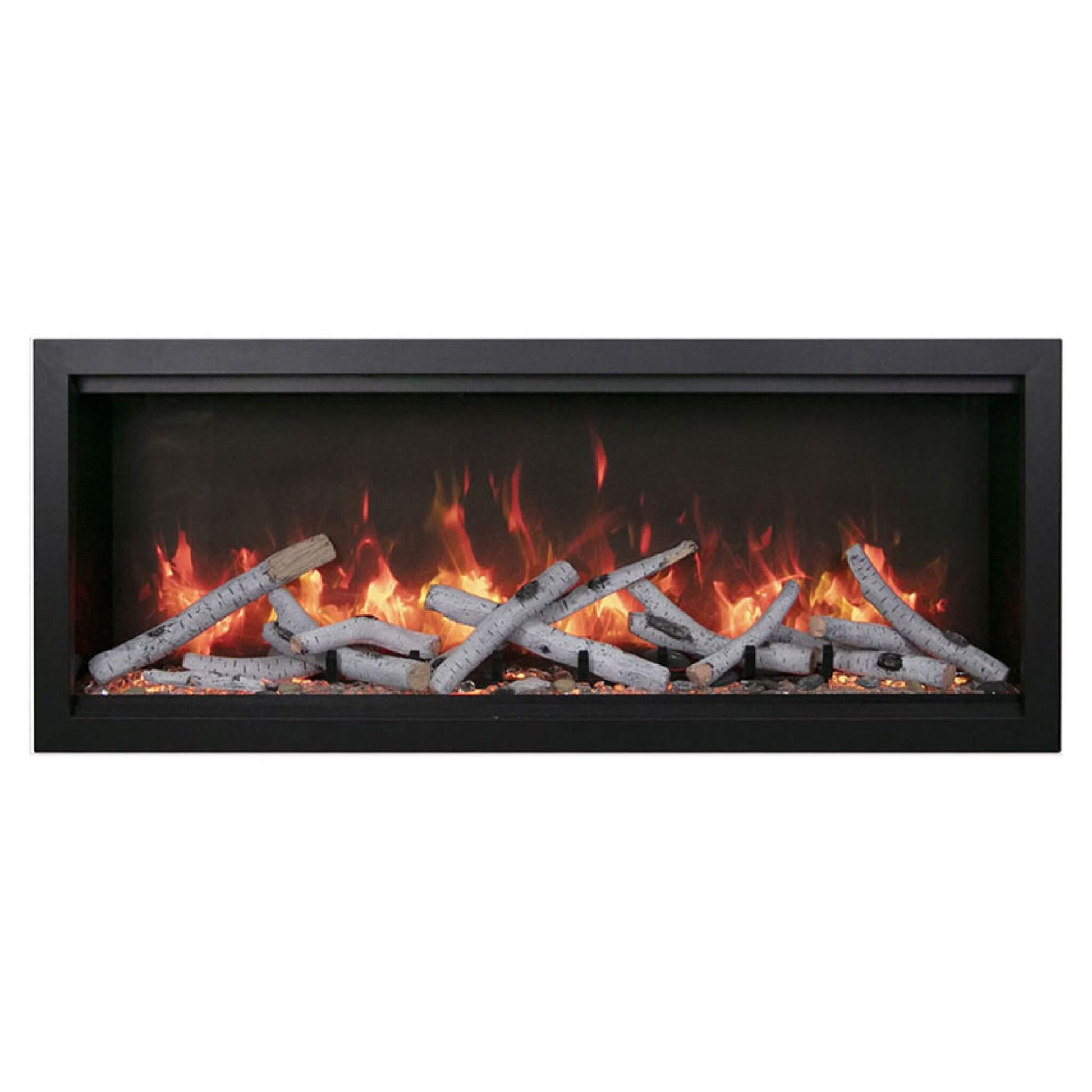 Electric fireplace insert with flames and logs on a white background