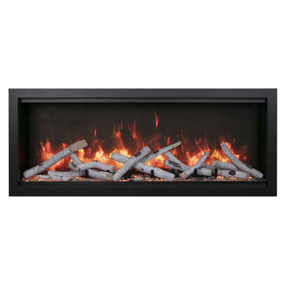 Electric fireplace insert with flames and logs on a white background