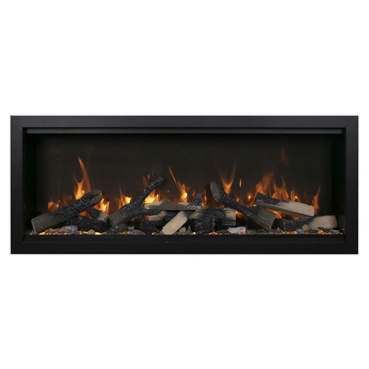 Rectangular fireplace insert with flames and logs on a white background