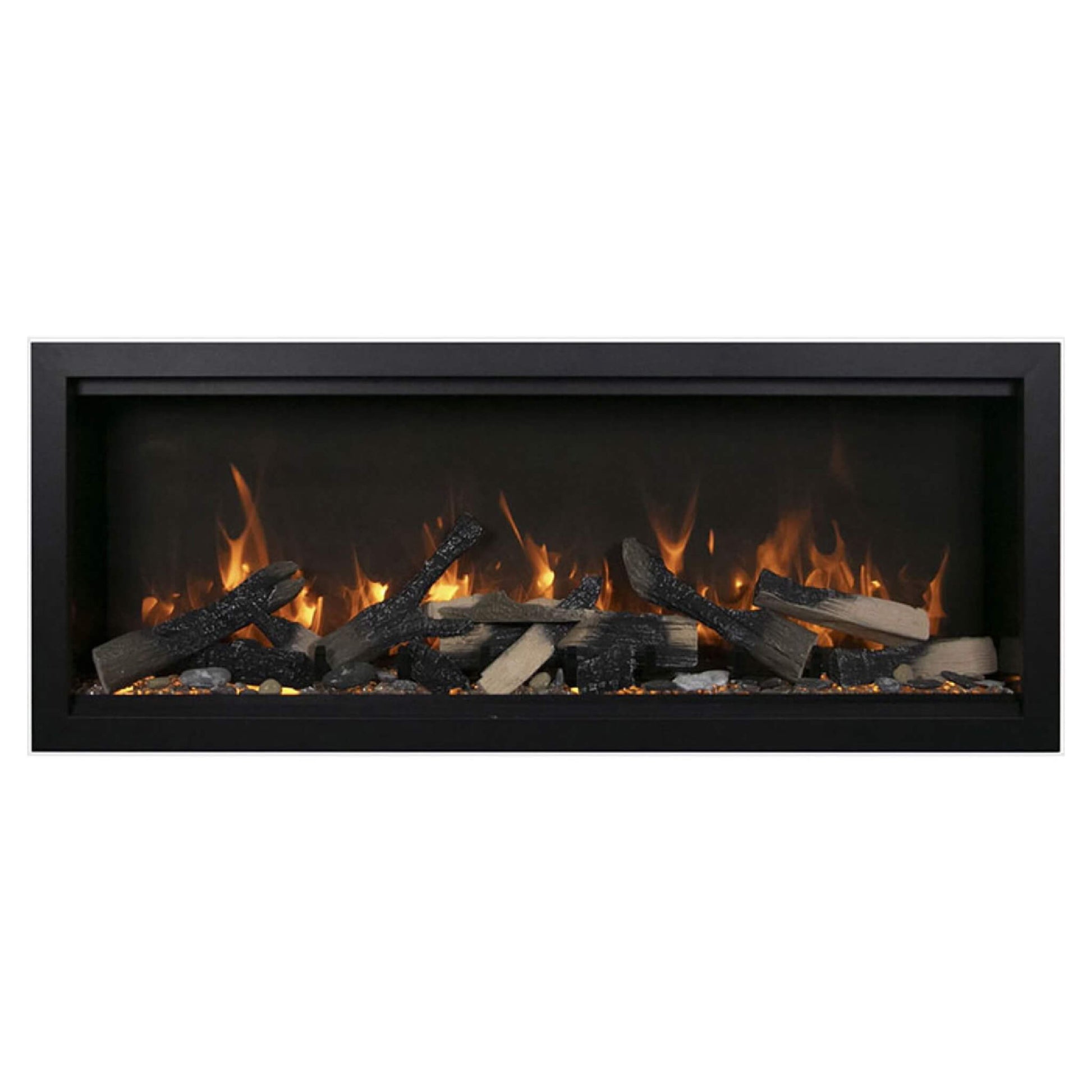 Rectangular fireplace insert with flames and logs on a white background