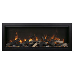 Rectangular fireplace insert with flames and logs on a white background