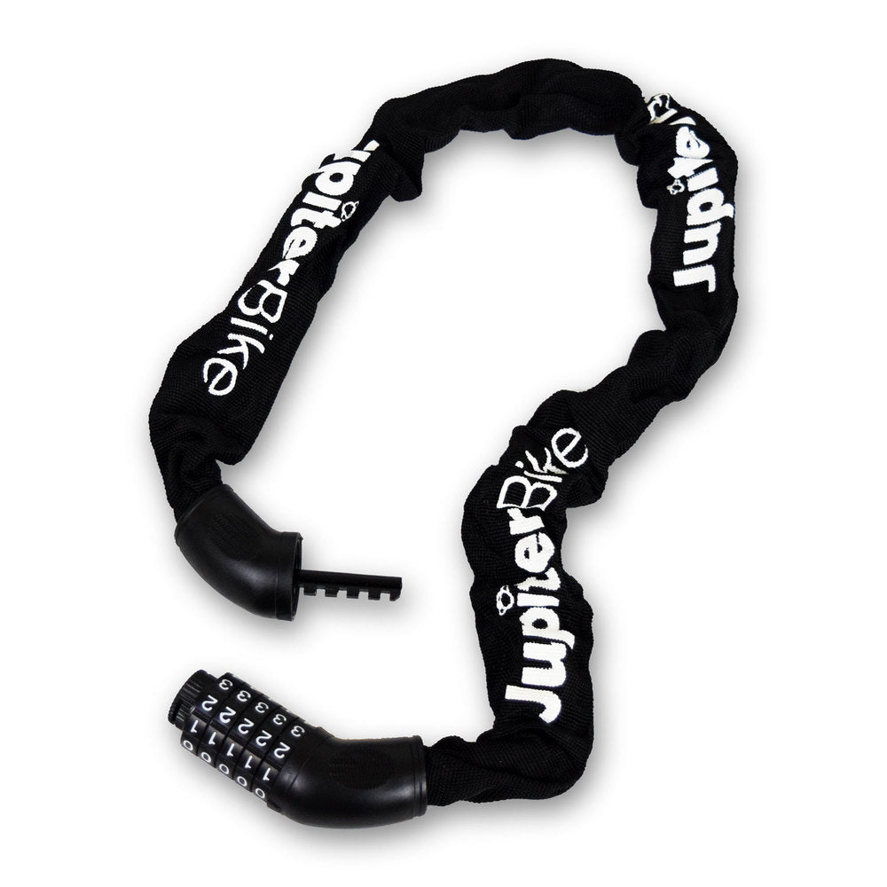 Black bike chain lock with Jupiter Bike branding on a white background