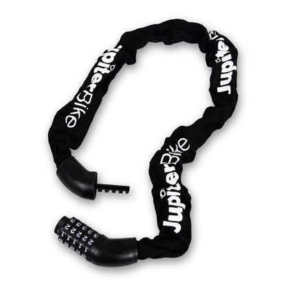 Black bike chain lock with Jupiter Bike branding on a white background