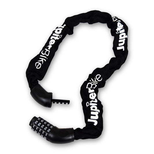 Black bike chain lock with Jupiter Bike branding on a white background