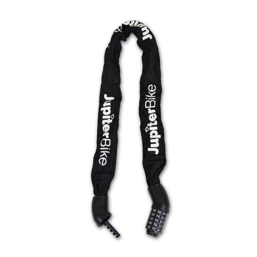 Black bike chain lock with 'JupiterBike' branding on a white background