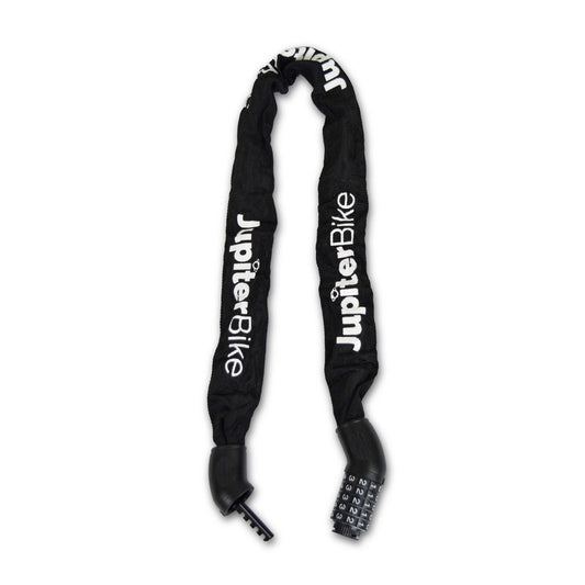 Black bike chain lock with 'JupiterBike' branding on a white background