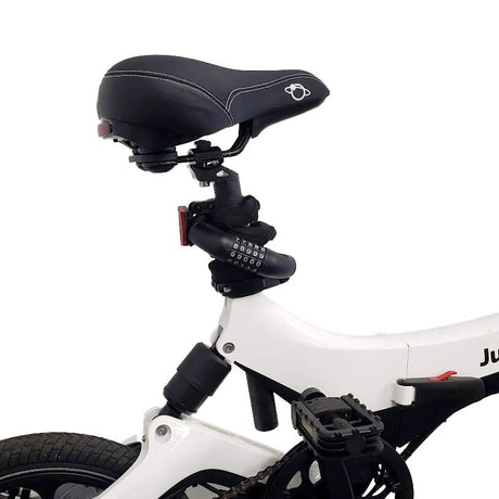 Close-up of a bicycle seat and lock on a white background