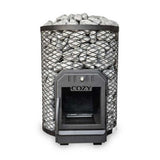A CozyHeat O floor mount wood-burning sauna stove with sauna stones on top and a visible fire inside the stove.
