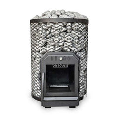 A CozyHeat O floor mount wood-burning sauna stove with sauna stones on top and a visible fire inside the stove.
