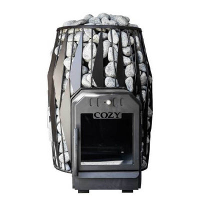 A black sauna stove with sauna stones on the exterior and a digital display, branded as 'COZY'