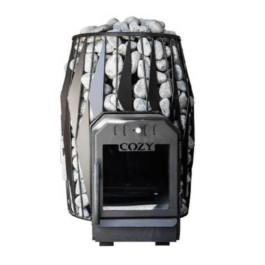 A black sauna stove with sauna stones on the exterior and a digital display, branded as 'COZY'