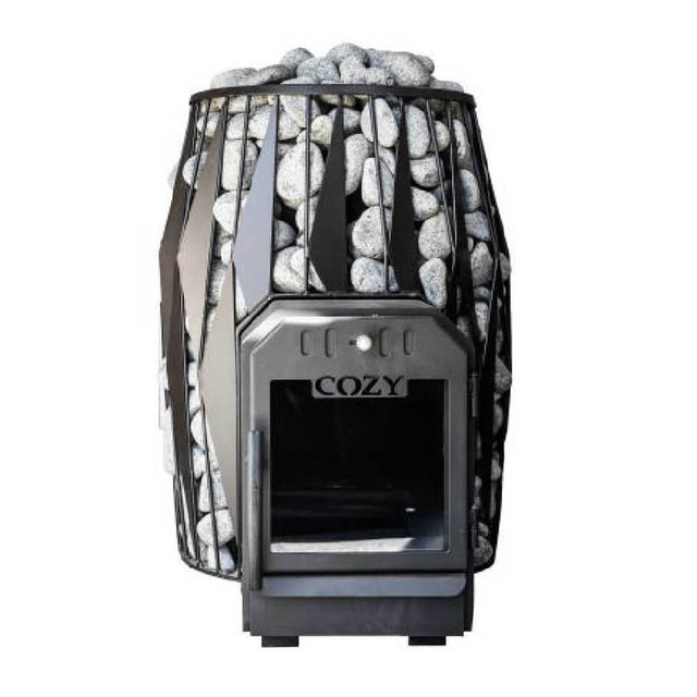 A black sauna stove with sauna stones on the exterior and a digital display, branded as 'COZY'